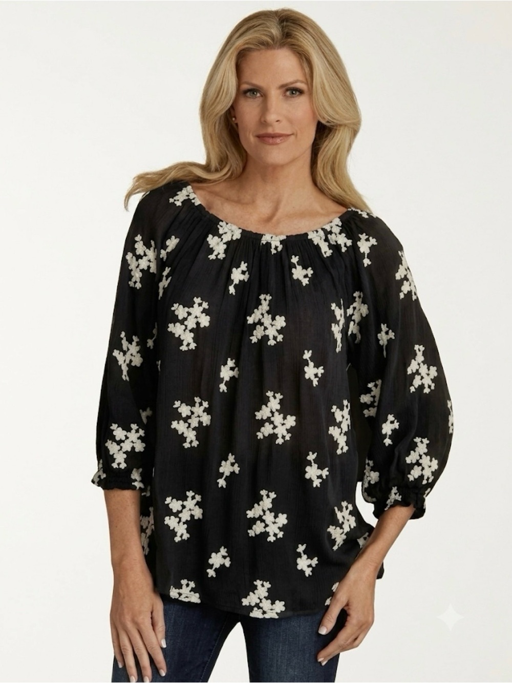 Soft Surroundings Avignon Black Floral Embroidered Peasant Top Lagenlook Boho